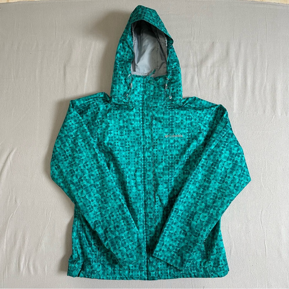 Columbia Teal Geometric Hooded Lightweight Shell Jacket Water Resistant Size M